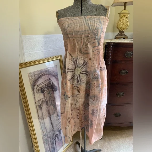 Vintage 90’s Dress Strapless Abstract Floral Beige With Pull-string Hem Size Med - Picture 10 of 10